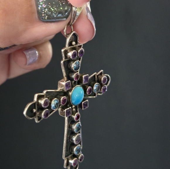 Nicky Butler 925 Sterling Silver Cross Necklace Pendant Turquoise Topaz Vintage - Picture 7 of 16